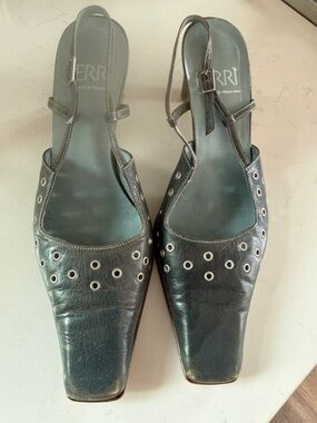 Vero Cuoio Jeans Blue Leather Slingback Heels with Eyelet Accents